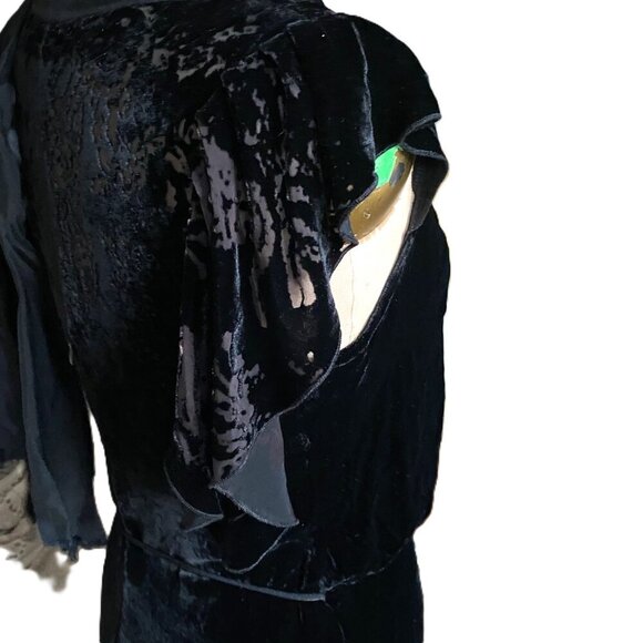 Vintage burnt velvet black midi frilly dress with flowy sleeves - Picture 12 of 16